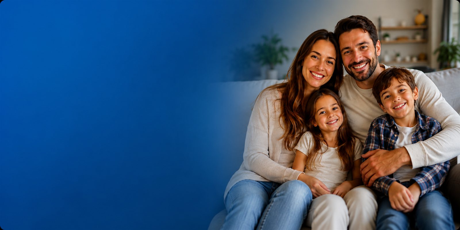 Família sorridente no sofá de casa, representando a proteção Rose Life